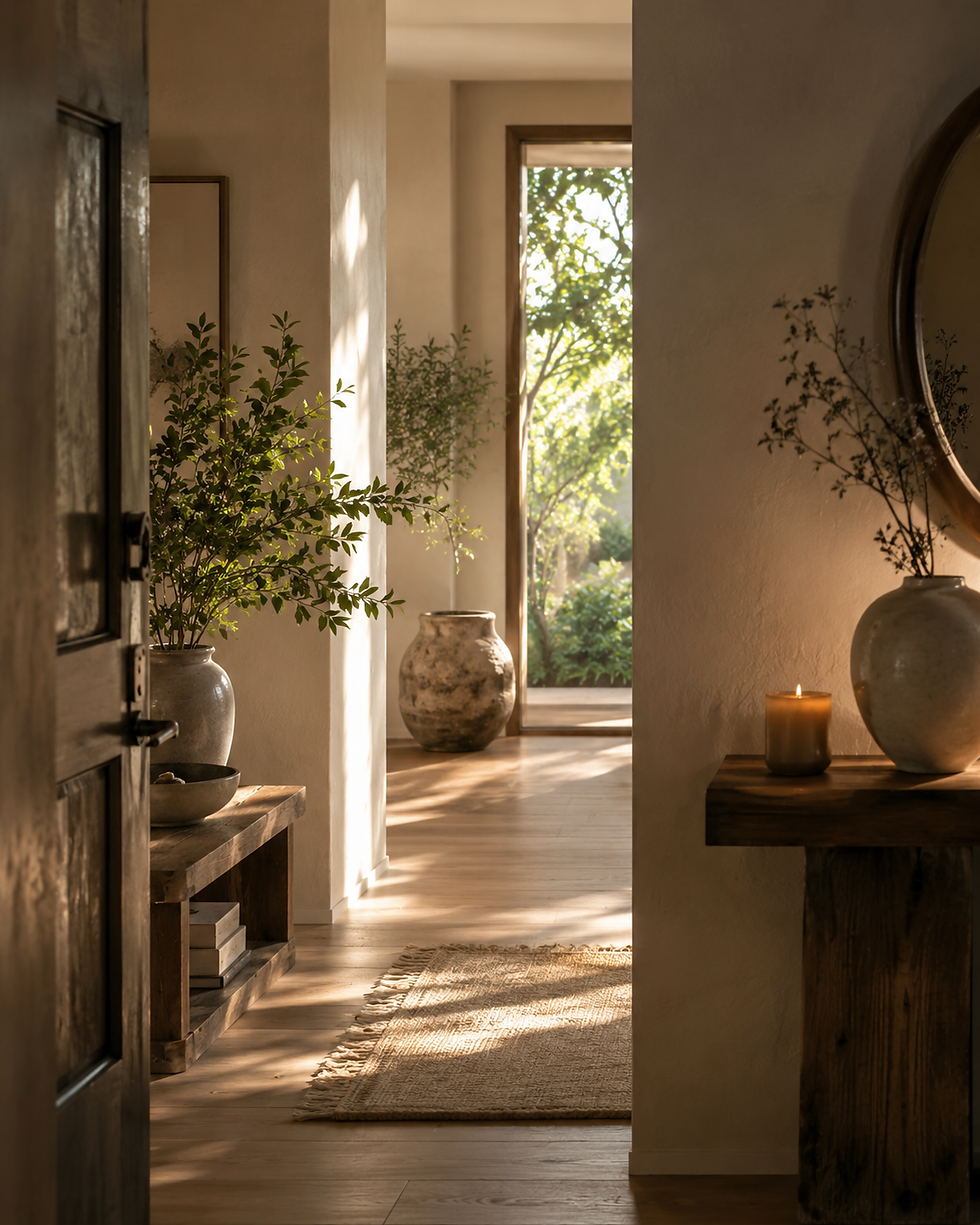 Sunlit minimalist hallway with potted greenery, rustic vases, a lit candle, and a woven rug by an open window.