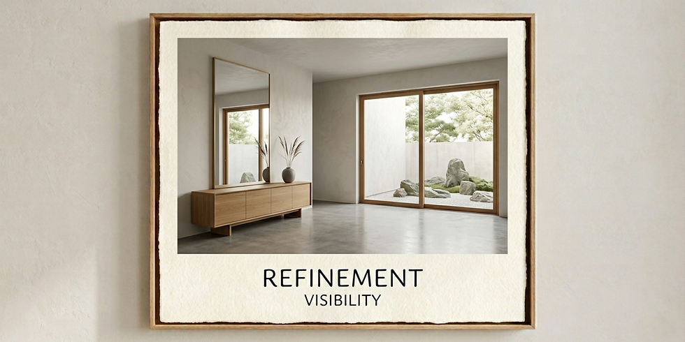 Minimalist interior with wooden console, large mirror, and vase. Glass doors open to a zen garden. Text reads "REFINEMENT VISIBILITY."