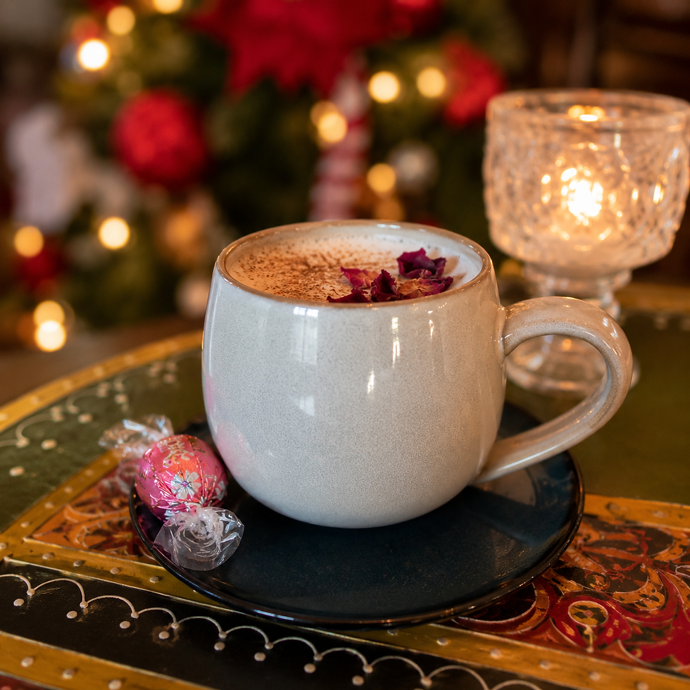 Creamy mug of spiced drink topped with rose petals, candy on saucer, beside a glowing candle in a warm festive setting