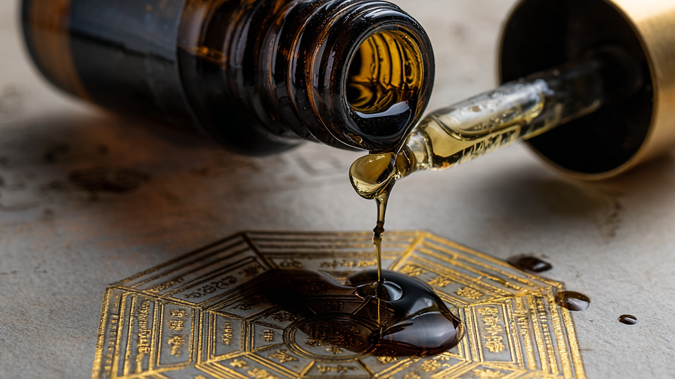 Amber liquid drips from a dropper onto a gold-patterned surface. The scene evokes a ritualistic or artistic mood.
