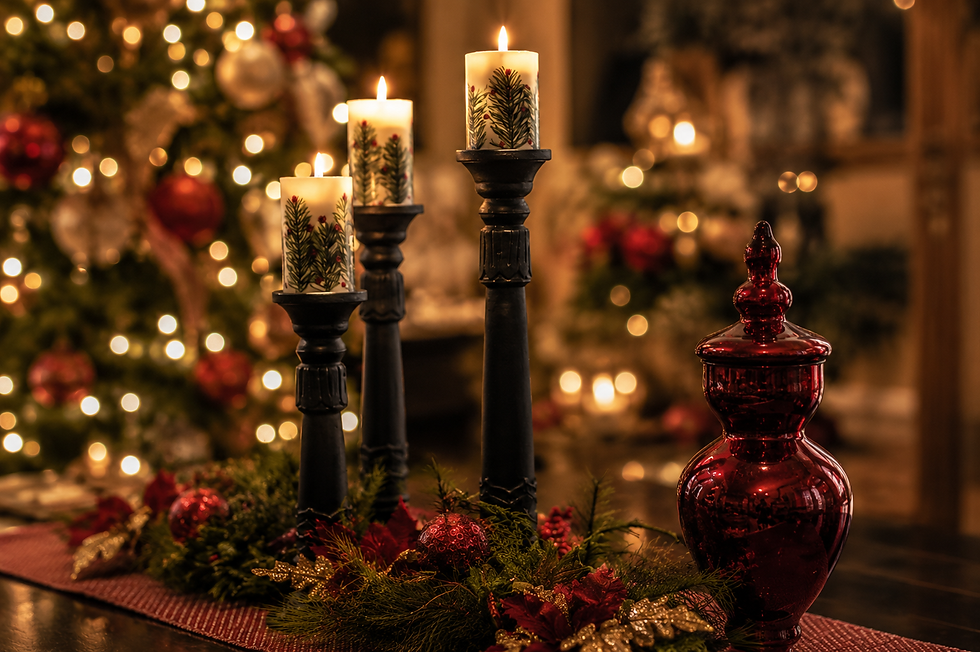 Three lit holiday candles on black holders amid red greenery and ornaments, with a red glass jar and blurred Christmas tree lights.