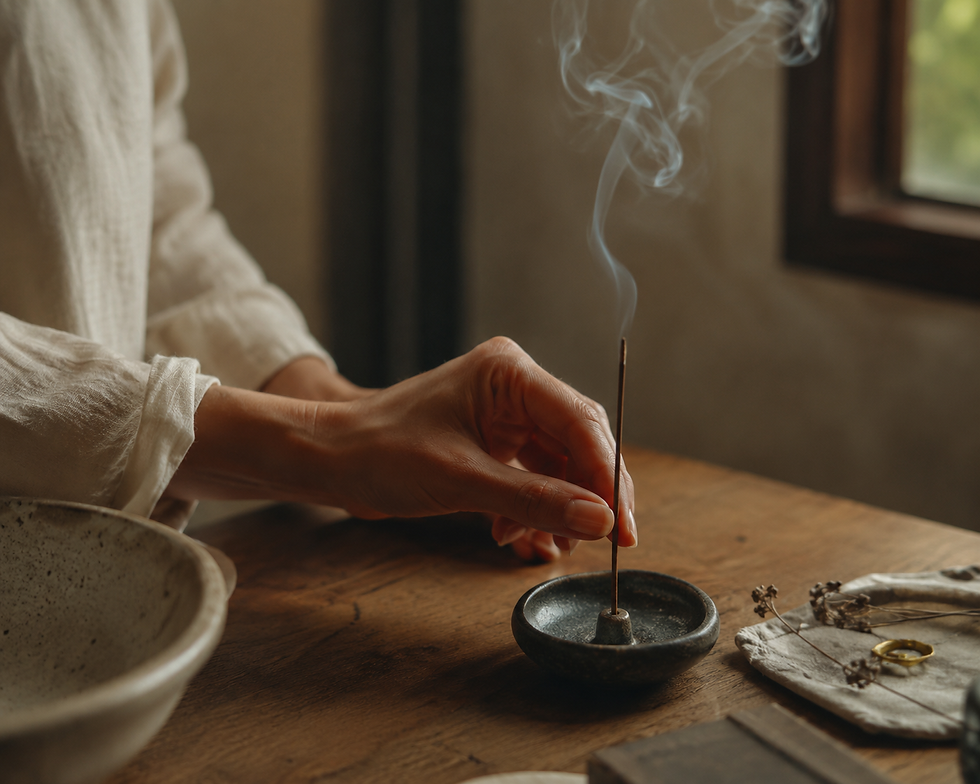 Hand in a white sleeve lights incense in a dark holder on a wooden table, with smoke curling in a calm room.