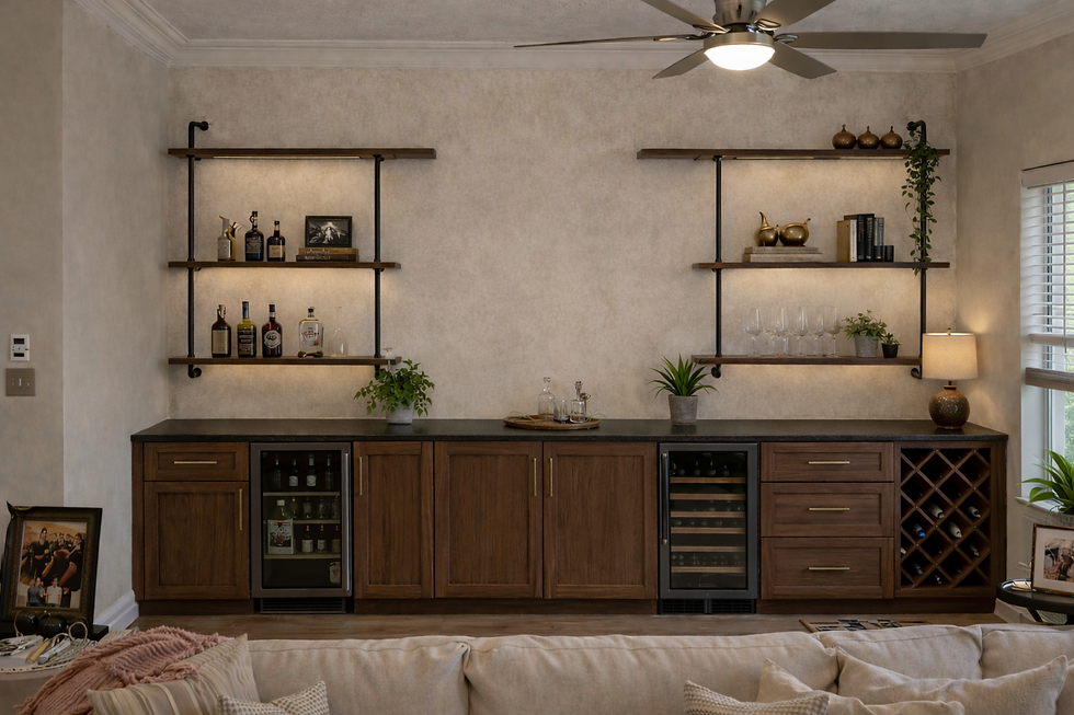 Cozy home bar with wooden cabinets, lit shelves of liquor and glassware, plants, lamp, and ceiling fan in a beige living room.