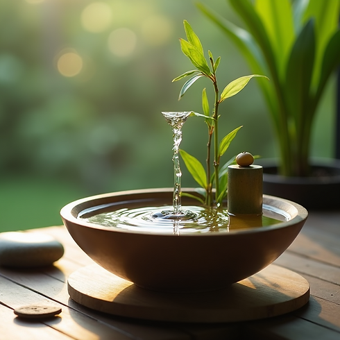 detail shot small indoor water fountain bamboo elements smooth stones wooden base soft nat