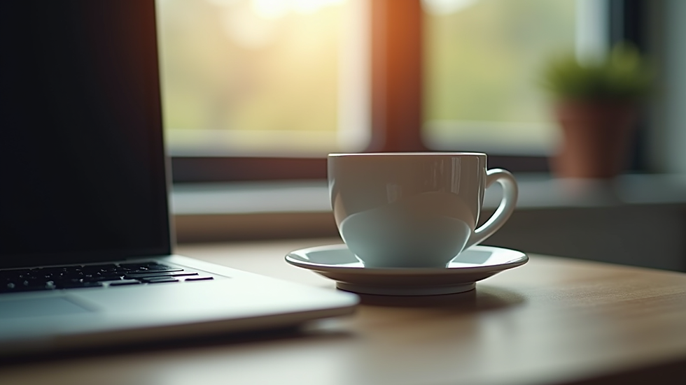 Eye-level view of a laptop on a table with a cup of coffee