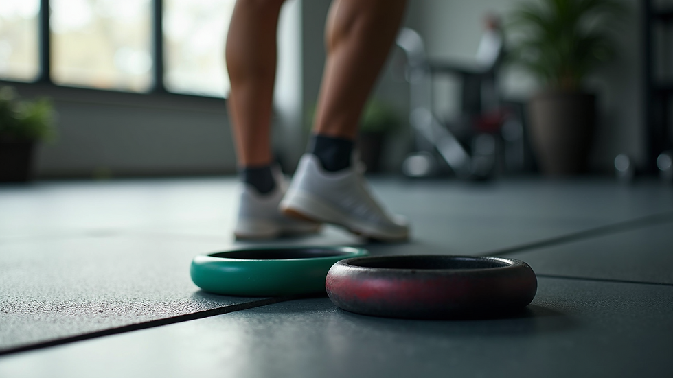 Close-up view of resistance bands and ankle weights on the floor
