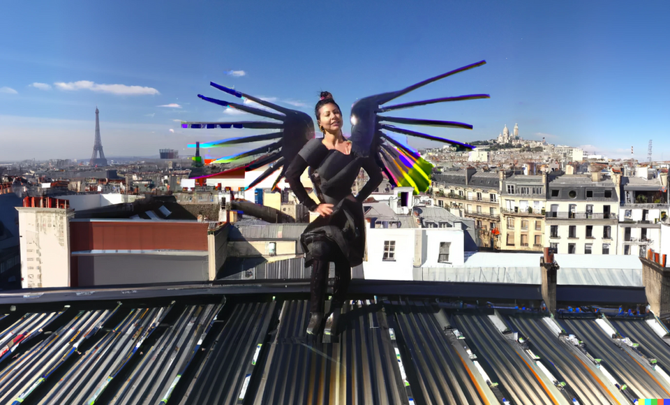 Violeta Ayala in a soft robotics-inspired digital fashion, overlooking Paris .