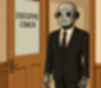 Illustration of "a robot dressed like an executive behind an office door that says Executive Coach" via ChatGPT.