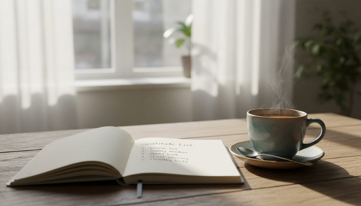 Close-up of a notebook with a gratitude list beside a cup of tea