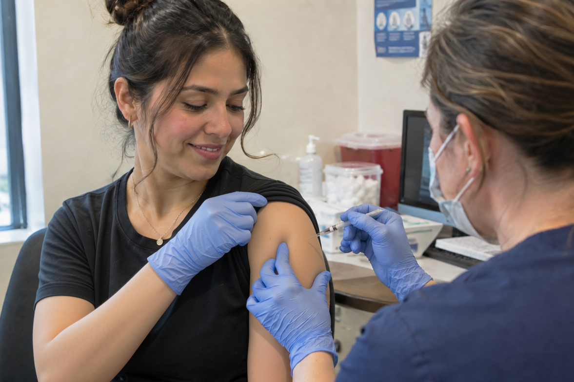 Woman smiles as a masked nurse gives her a vaccine shot in the upper arm.