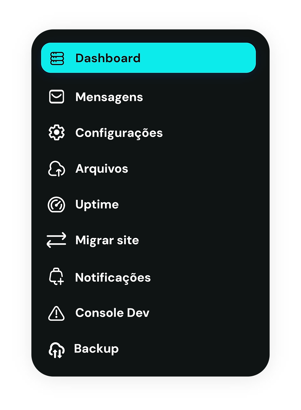 Painel de controle com opções de hospedagem de site brasil.