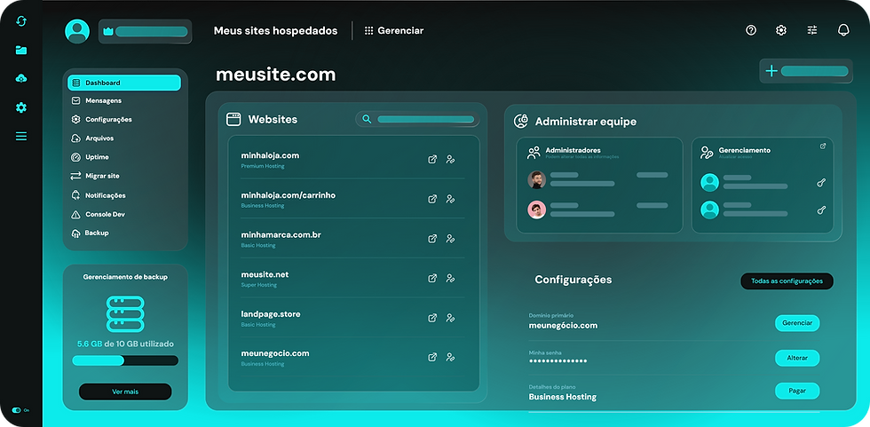 Painel de controle de hospedagem de site brasil com lista de domínios e gestão de equipe.