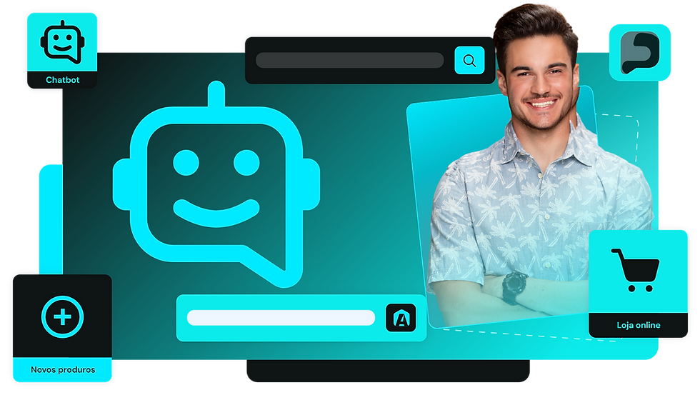 Homem sorrindo com chatbot e interface de loja online.