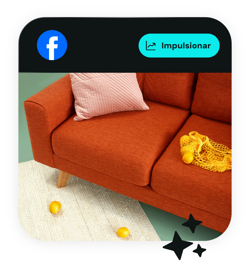 Ícone do Facebook com botão Impulsionar sobre foto de sofá.