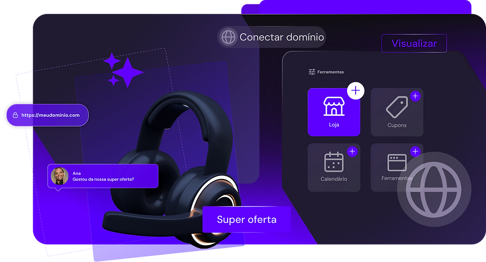 Fone de ouvido, "Conectar domínio", "Visualizar", super oferta