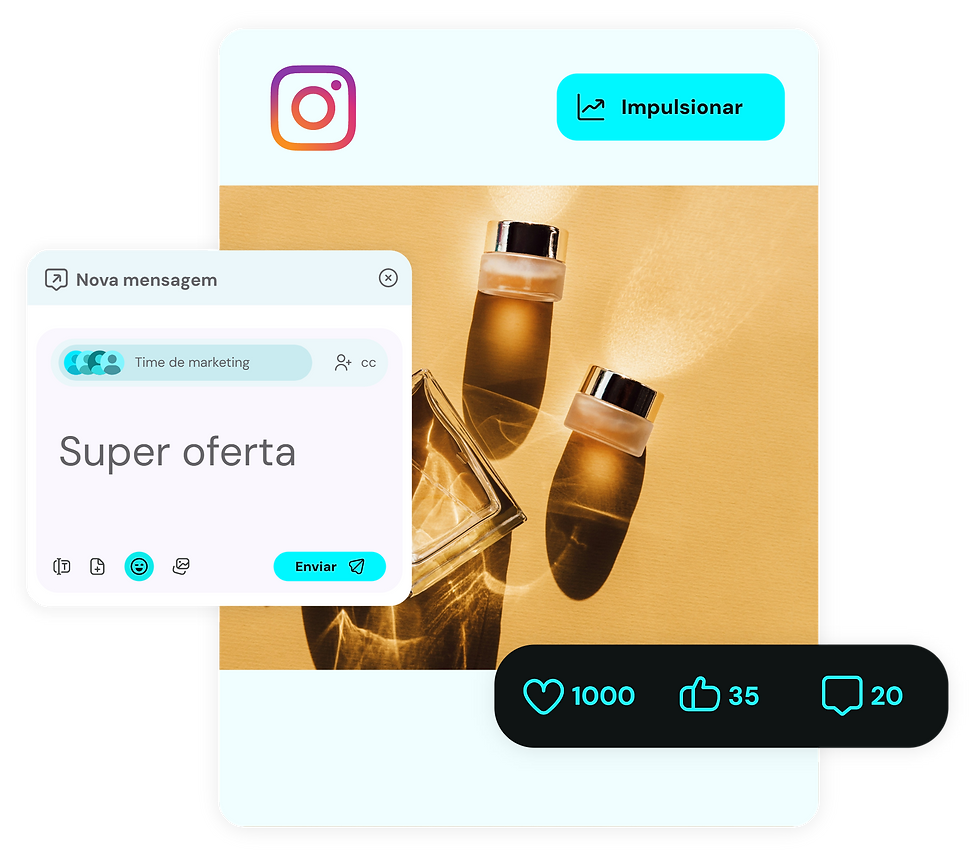 Tela do Instagram com post de produtos, 'Super oferta' e botão 'Impulsionar'