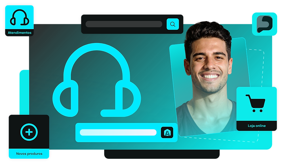 Interface digital com homem, fones de ouvido e ícones de serviço.