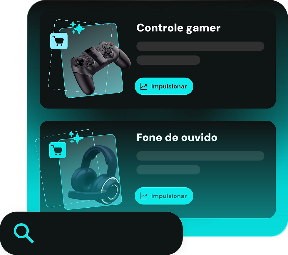 Interface de loja com controle gamer e fone de ouvido.
