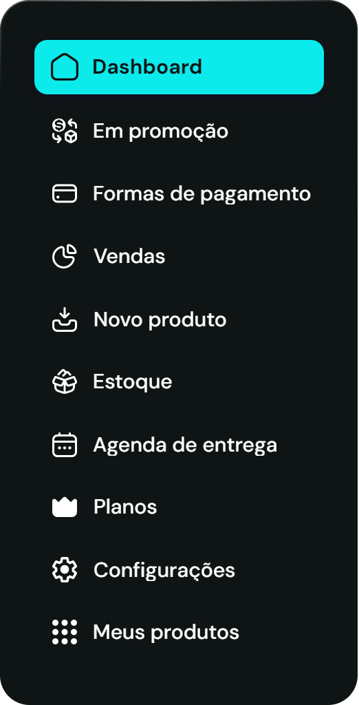 Menu lateral de loja com opções de vendas e estoque.