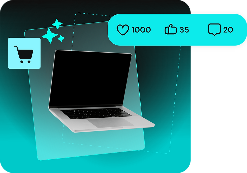 Laptop com ícones de carrinho, curtidas e comentários.