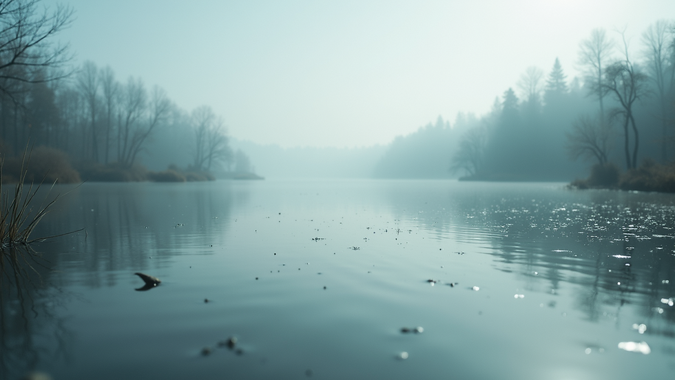 Close-up view of a serene landscape with a calm lake