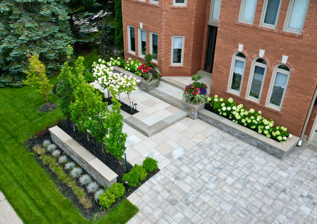 Aerial or higher view of Wilkinson Pl driveway layout and front yard landscape