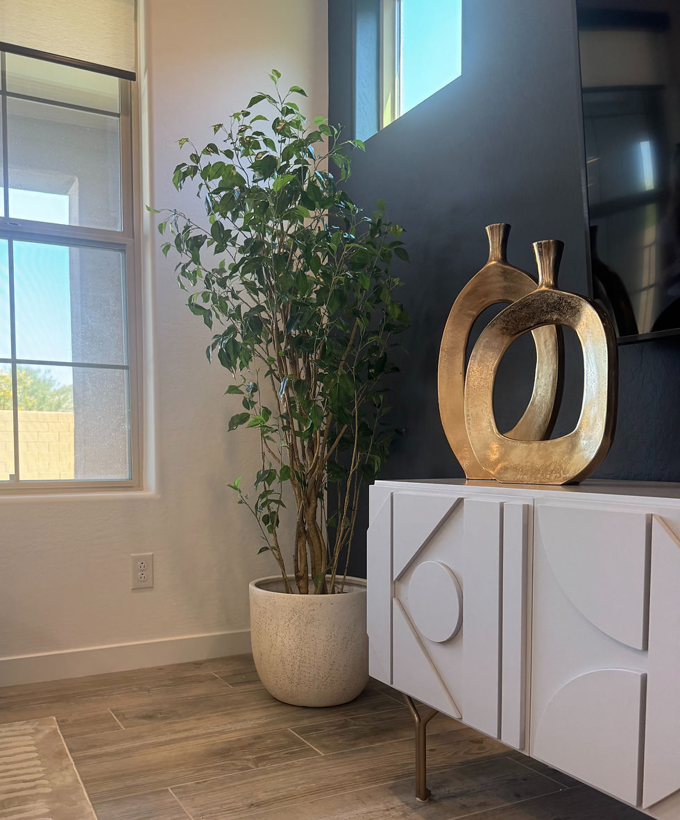 Details like faux greenery in organic pots, modern vases in gold tones and media console wityh geometric modern cutouts.