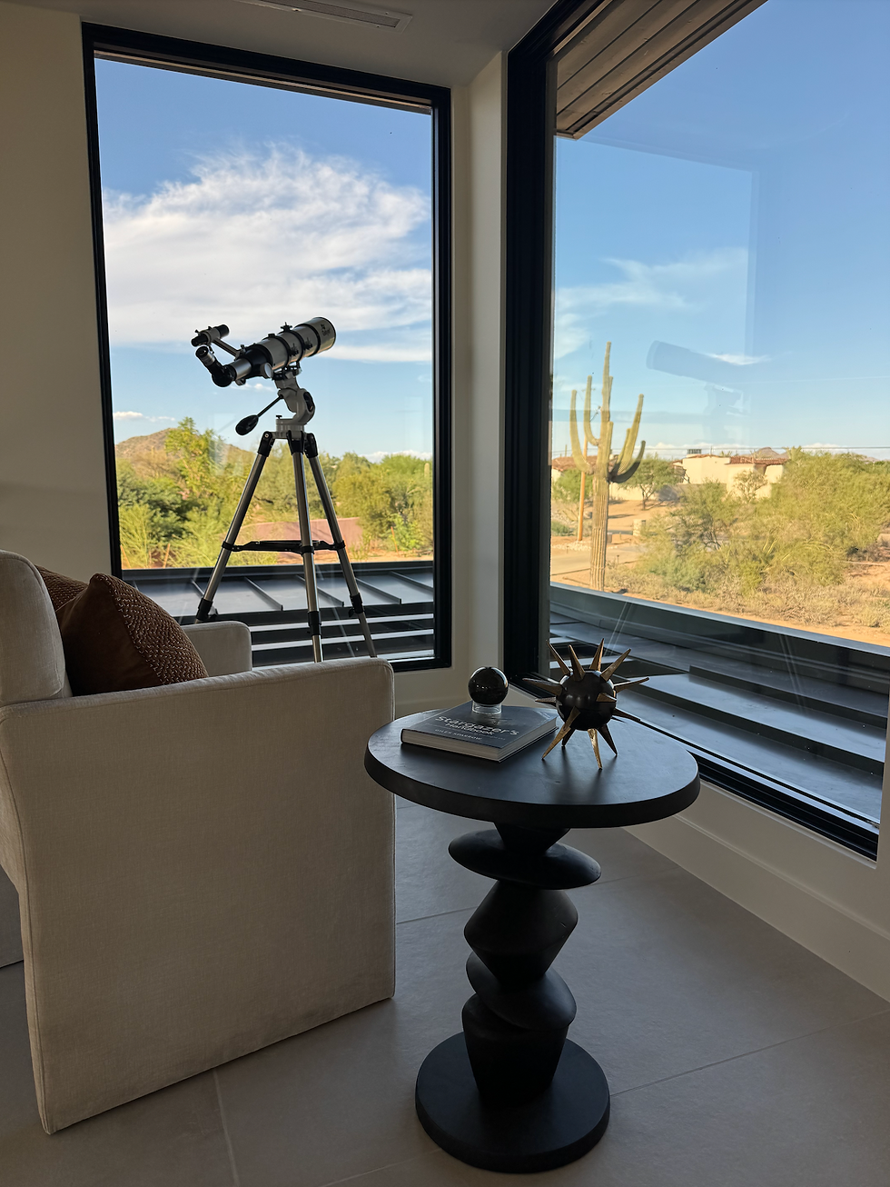 Telescope staged in a glass nook in North Scottsdale luxury new build.