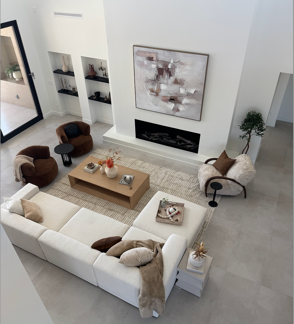 Fully staged North Scottsdale living room in a new construction home for sale.