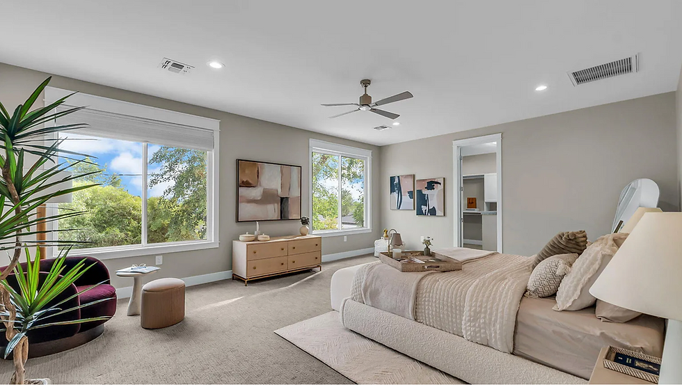 Fully staged and styled primary bedroom in an Arcadia Lite home for sale in Phoenix.