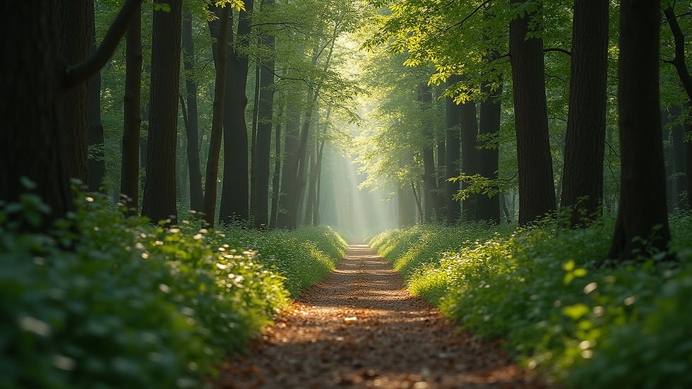 Wide angle view of a serene forest path