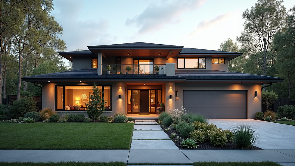 Eye-level view of a modern custom home exterior with landscaped front yard