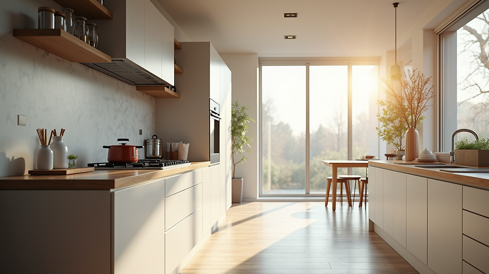 Eye-level view of a modern kitchen with large windows and natural light