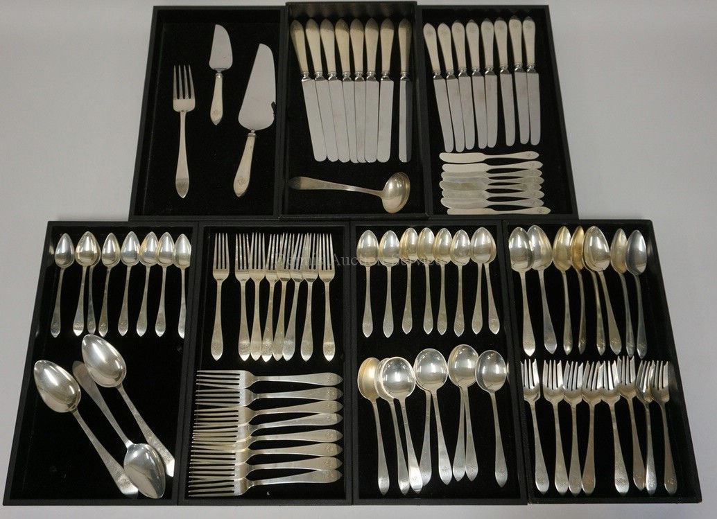 TIFFANY & CO. 87 PIECE STERLING SILVER *FANEUIL* FLATWARE SET. MONOGRAM M.C.B. (