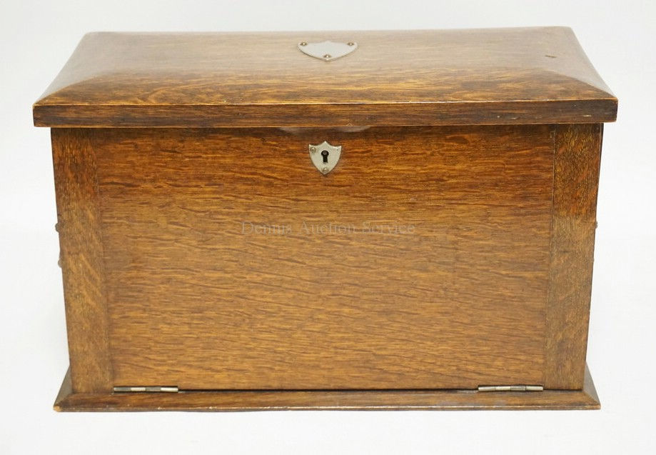 ENGLISH OAK TRAVELING DESK WITH A DROP FRONT WRITING SURFACE, LETTER SLOTS, DRAW