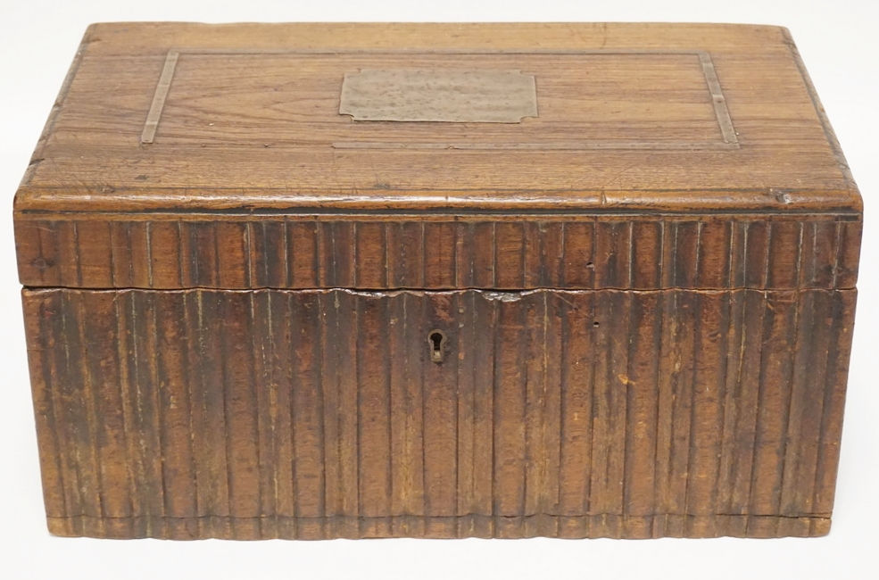 OAK TRAVELING STATIONARY AND WRITING BOX. UNUSUALLY CARVED SIDES, COMPARTMENTED