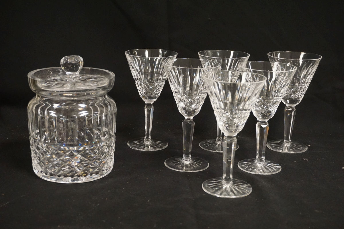 7 PIECES OF WATERFORD CRYSTAL. SIX 6 1/2 INCH WINES AND A 6 3/4 INCH BISCUIT BAR