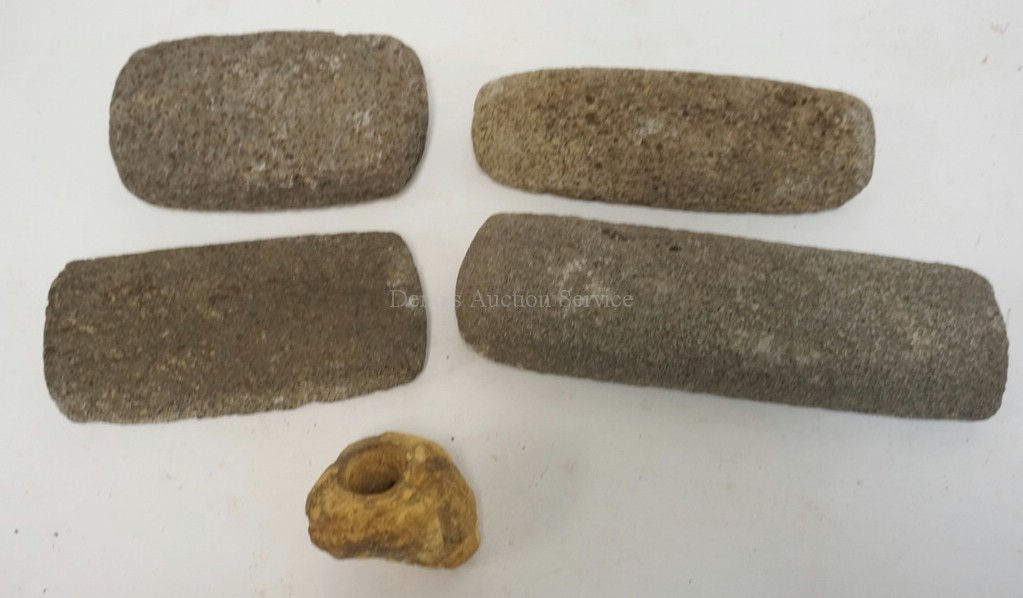 1458_LOT OF 5 NATIVE AMERICAN INDIAN STONE ARTIFACTS. 4 FLAT GRINDING STONES AND
