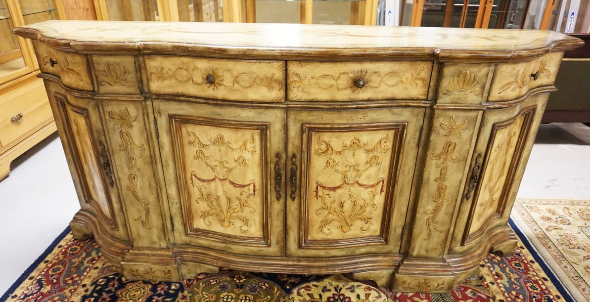 1047_HOOKER *SEVEN SEAS* PAINT DECORATED CREDENZA. 86 1/2 IN WIDE, 40 IN HIGH