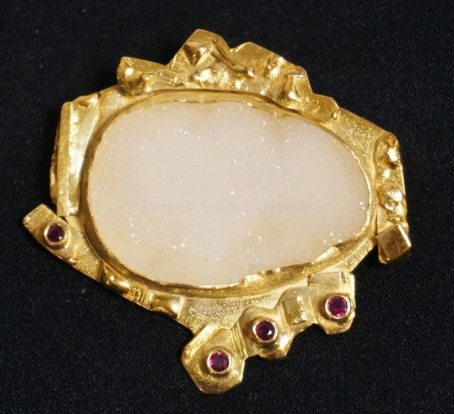 STEPHANI BRIGSS SNOWY DRUZY PIN/PENDANT WITH 4 FACETED RUBIES. HAND BUILT IN 18K