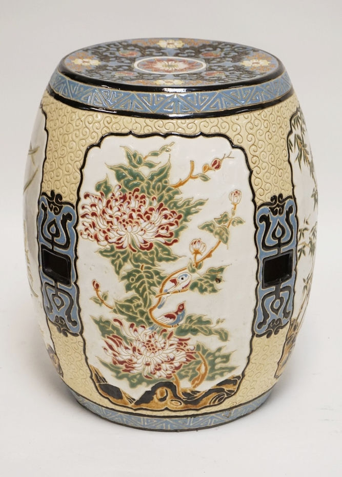 POTTERY GARDEN SEAT DECORATED WITH IMAGES OF BIRDS, BUTTERFLIES, AND FLOWERING T