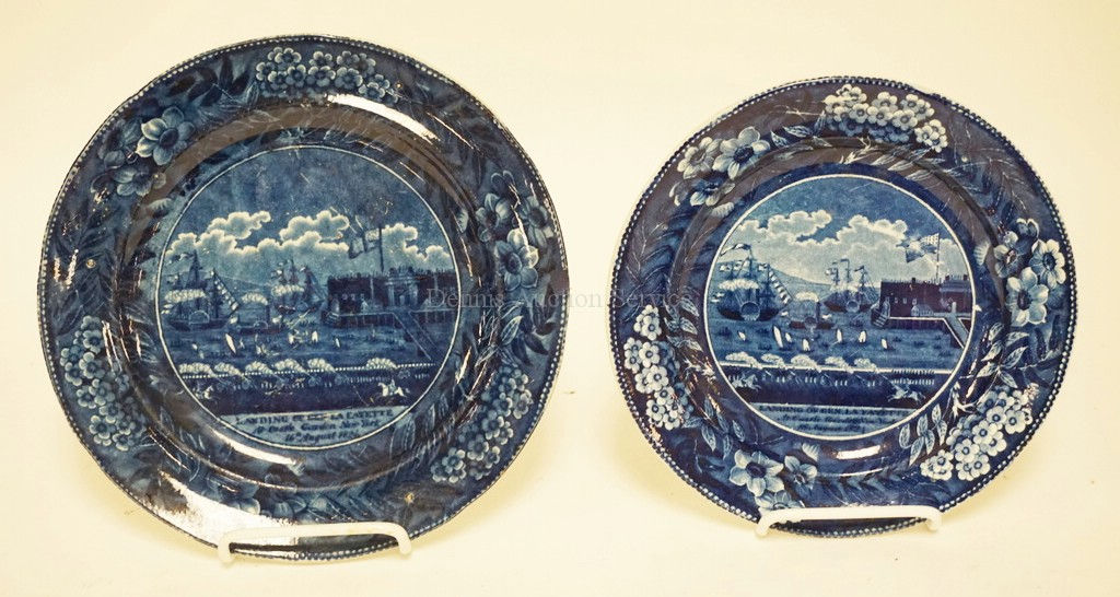 1254_2 ANTIQUE CLEWS BLUE TRANSFERWARE PLATES DEPICTING THE LANDING OF GENERAL L