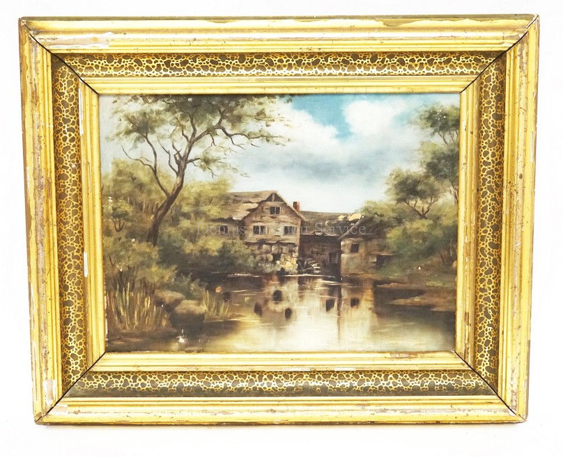 OIL PAINTING ON CANVAS OF A STONE MILL AMONGST TREES, 11 1/4 X 15 1/2 INCHES.