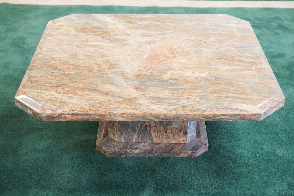 1065_MARBLE COFFEE TABLE WITH ANGLED CORNERS. 15 1/2 INCHES HIGH. 38 1/2 INCHES