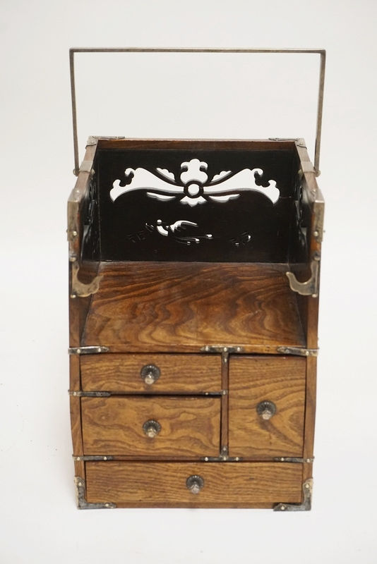 1200_ASIAN WRITING CADDY WITH CUTWORK PANELS,4 DRAWERS, AND POSSIBLY SILVER MOUN