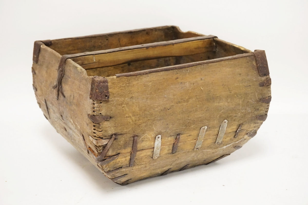 ASIAN WOODEN BASKET BOUNT WITH TIN. 15 1/4 INCHES SQUARE. 10 1/4 INCHES HIGH.