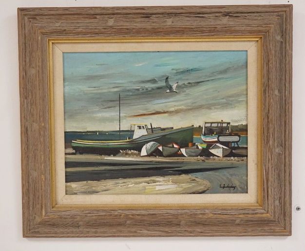 STANLEY M. ZUCKERBERG (1919-1995) OIL PAINTING ON BOARD OF BEACHED BOATS WITH A
