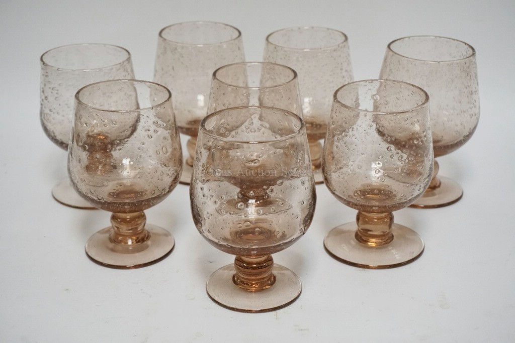 SET OF 8 LA VERRERIE DE BIOT BLOWN GLASS GLASSES WITH TRAPPED BUBBLES. APPROX 6