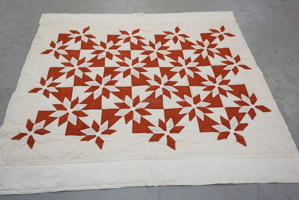 HAND SEWN QUILT IN RED & WHITE. HAS STAINS. 7 FT X 7 FT 5 INCHES.