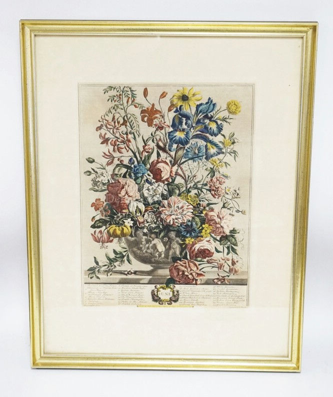 FLORAL BOUQUET HAND COLORED PRINT- JUNE. PROFESSIONALLY FRAMED. 12 IN X 16 IN